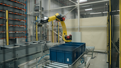  Projet de R&D « bin picking » chez Log’in : une cellule robotisée intégrant vision et intelligence artificielle pour automatiser le prélèvement de pièces dans les bacs, en conditions logistiques réelles - © Daher